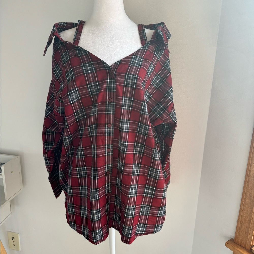 Plaid Strap and Collar Button Down Shirt